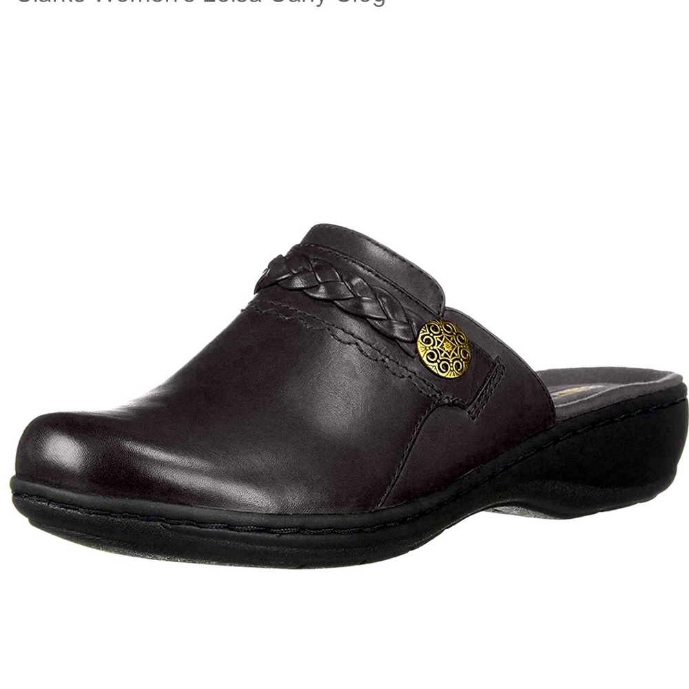 Clarks Womens Leisa Carly Clogs in Black Leather. Size 7W.